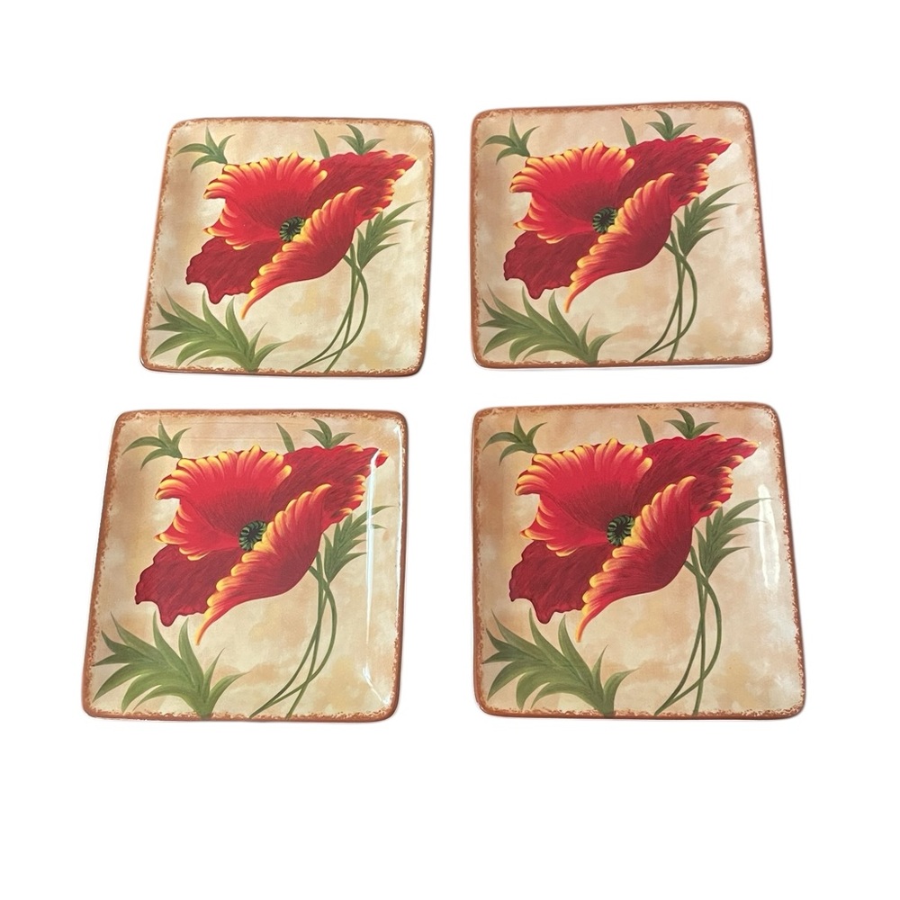 Pier 1 Imports Red Poppy Floral Square 6” Salad Plates Set of 4